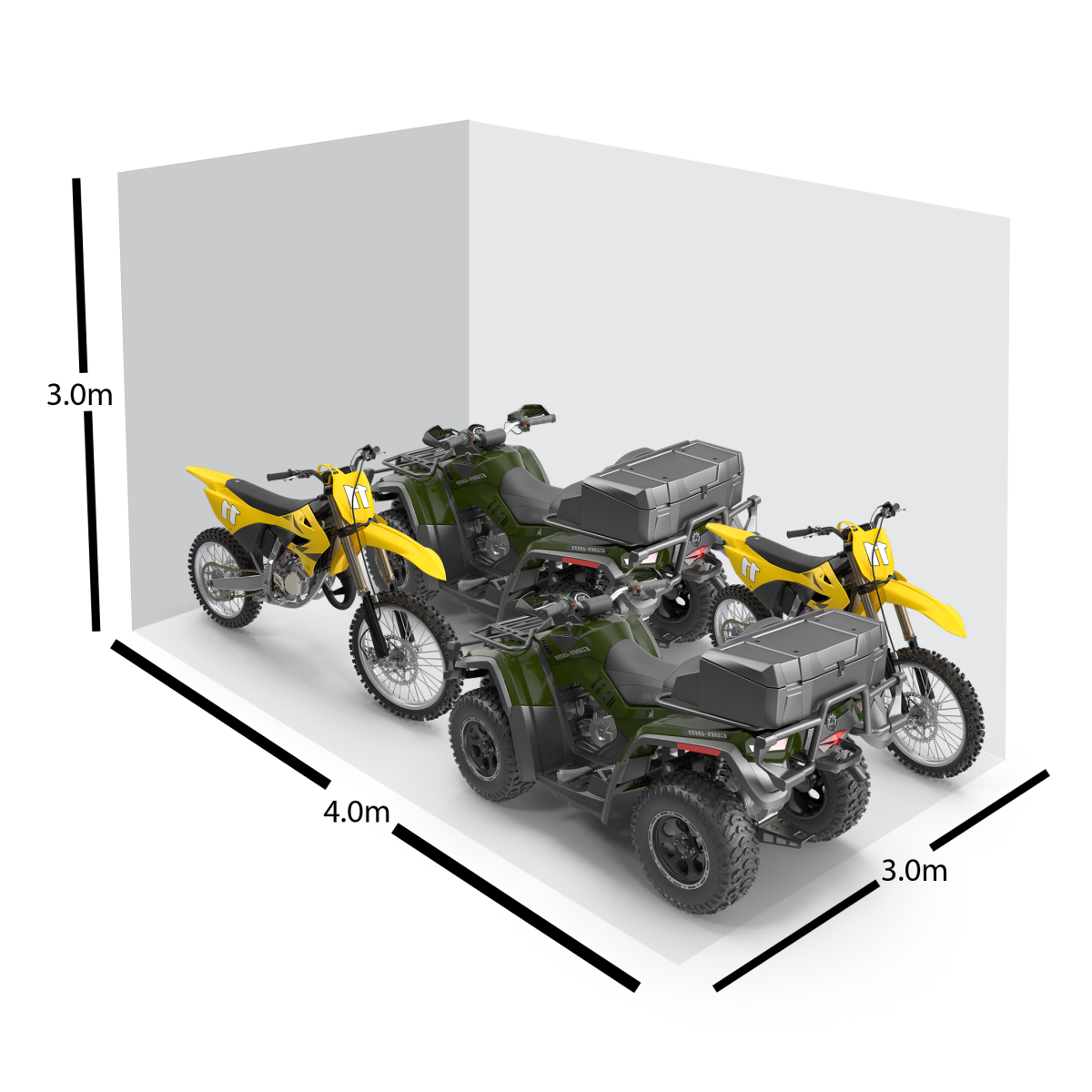 Yellow motorbikes and black quadbikes